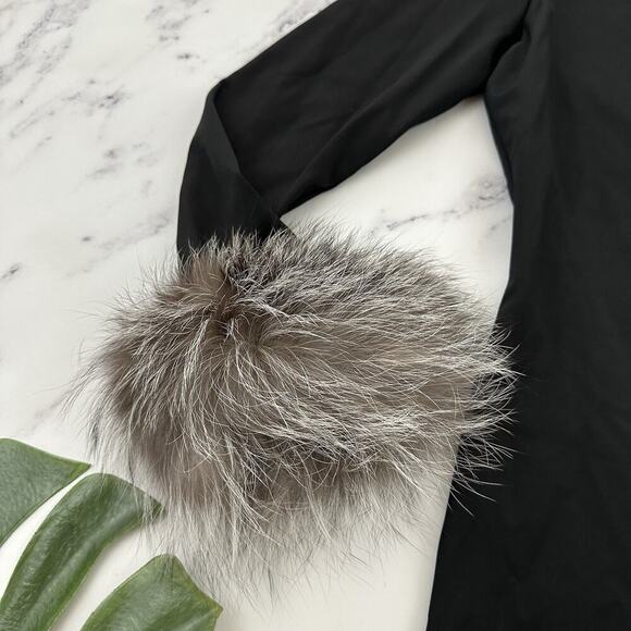 Alice & Olivia Delora Fox Fur Cuff Midi Dress Size 6 Black Gray Wiggle Fitted - Picture 5 of 12